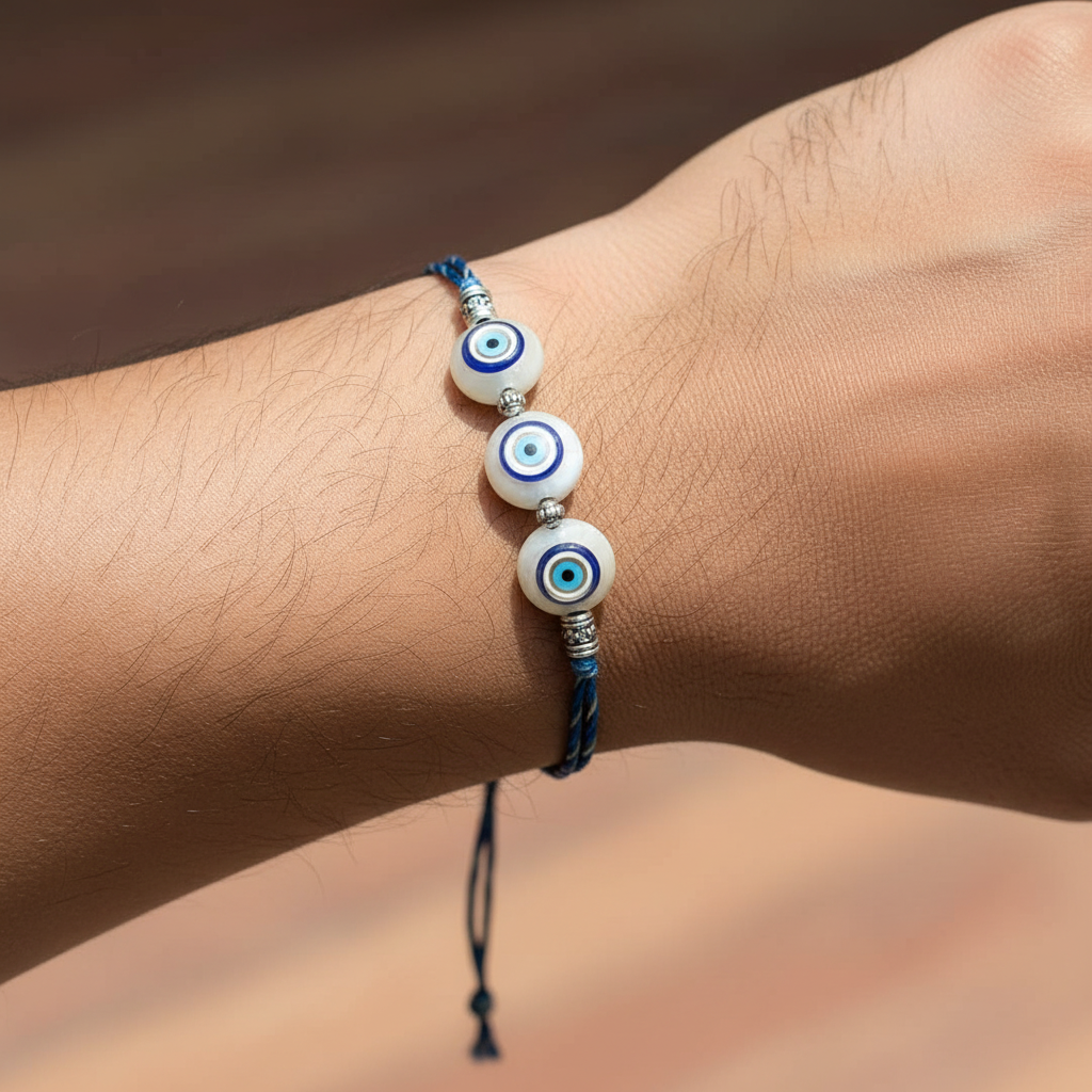 Handmade Blue Evil Eye Protection Rakhi featuring Hamsa hand charm and premium pearl bead design