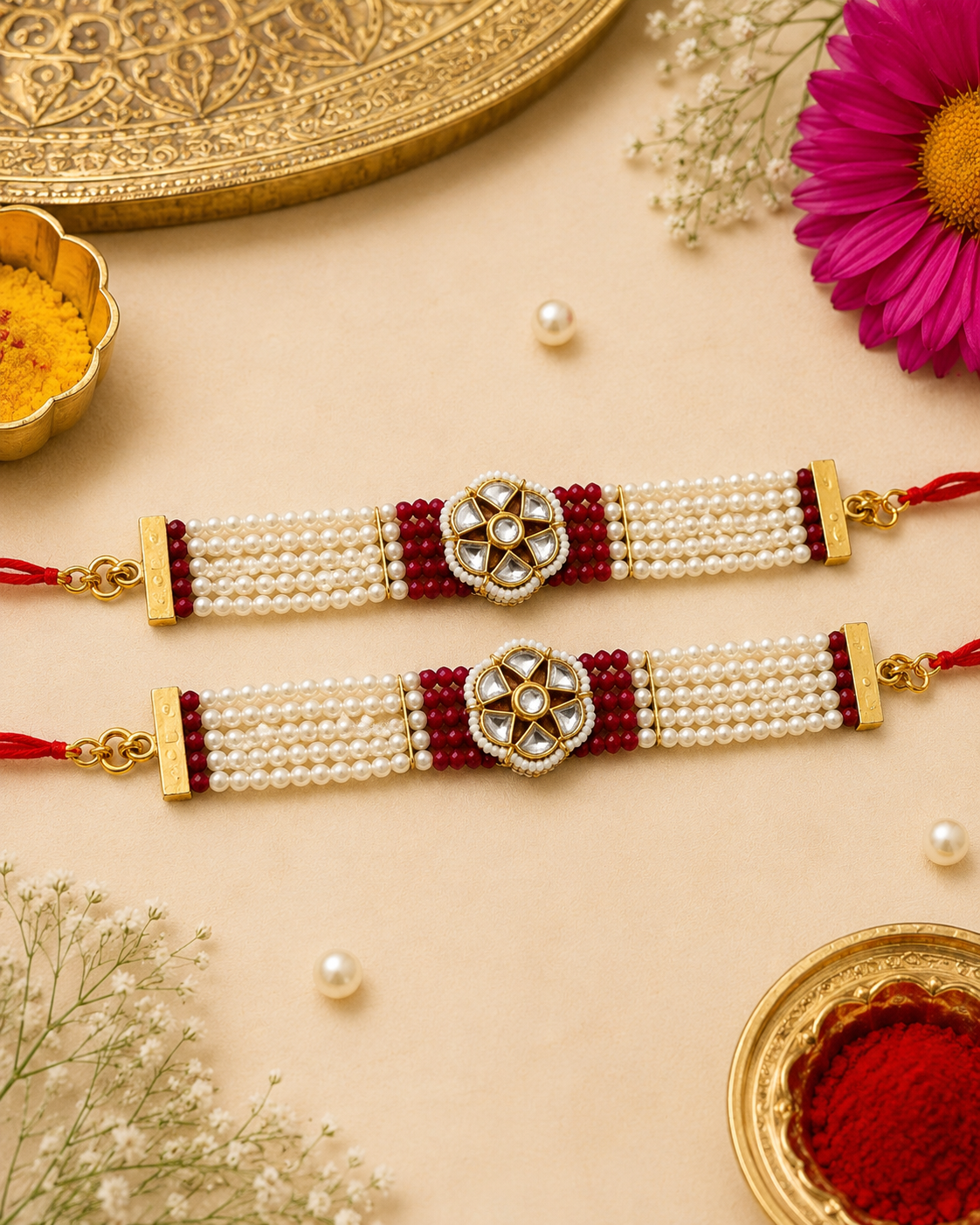 Premium Adjustable Kundan Work Bracelet Rakhi for Brother