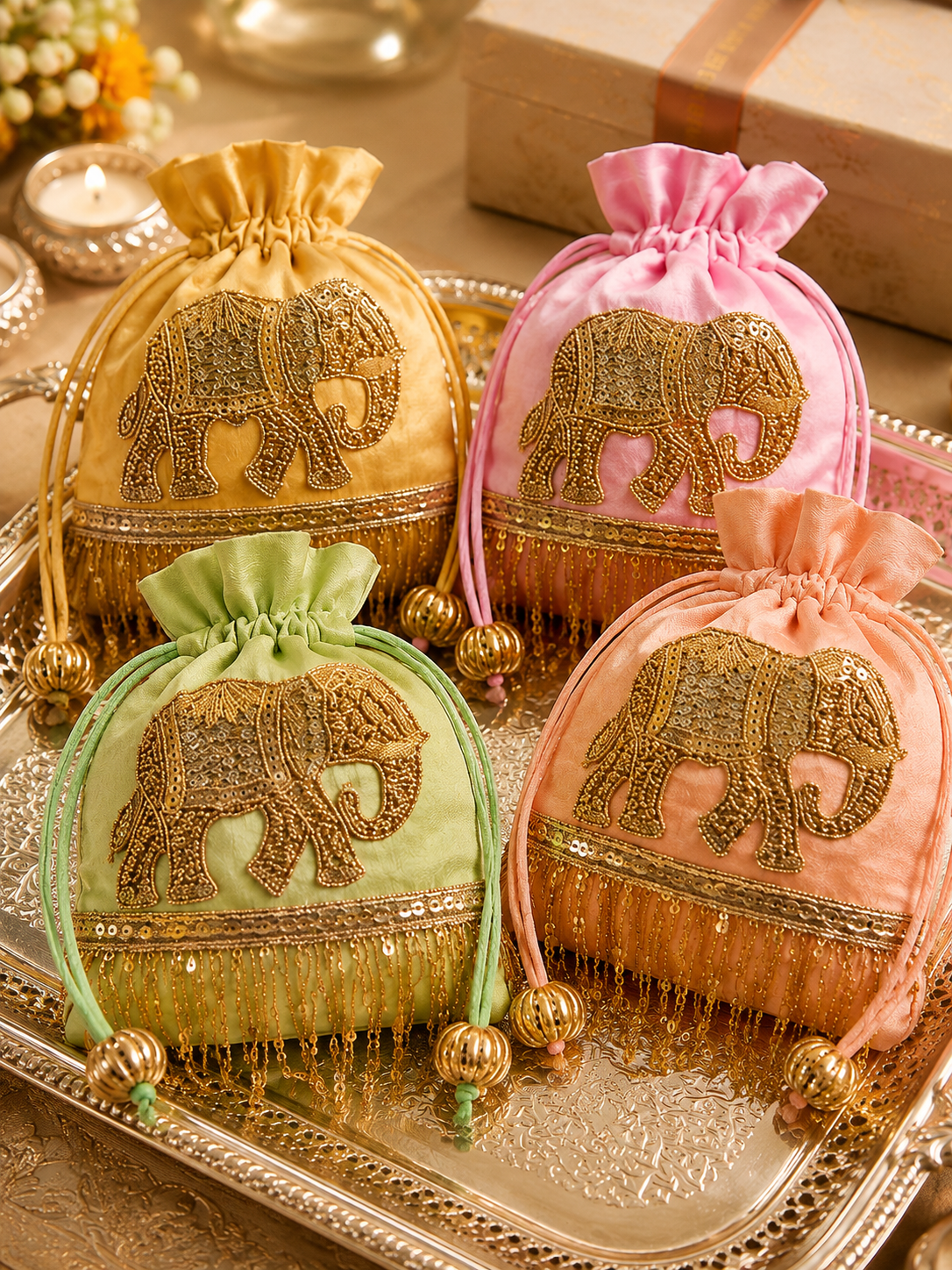 Handmade potli bags with elephant embroidery and gold fringe detailing