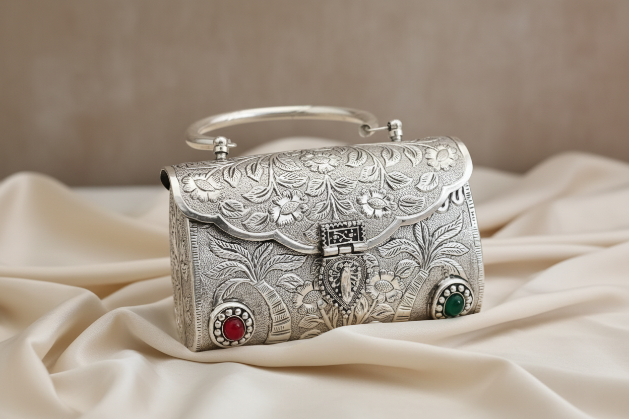 Heritage brass wedding clutch with floral detailing and gemstone accents