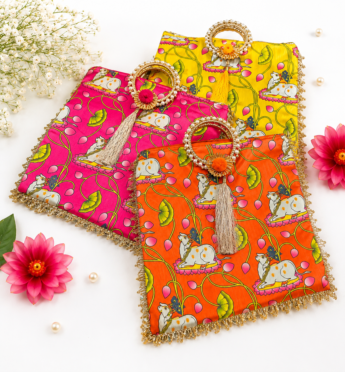 Kamdhenu cow printed pooja gift bag for traditional Indian gifting