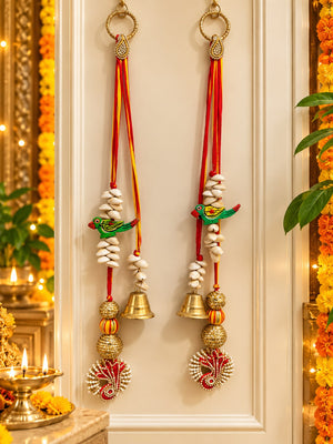Auspicious Kaudi Shell Parrot & Bell Hanging Pair – Handcrafted Traditional Festive Decor