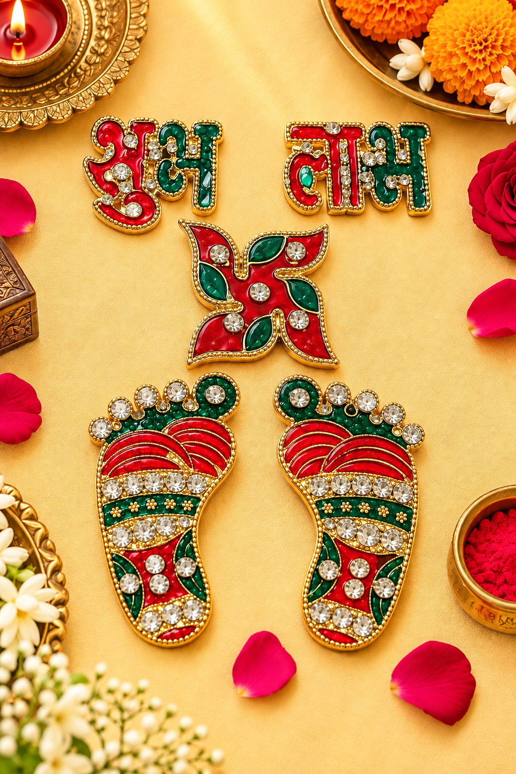Kundan metal Lakshmi Charan Paduka with Shubh Labh for Diwali decoration