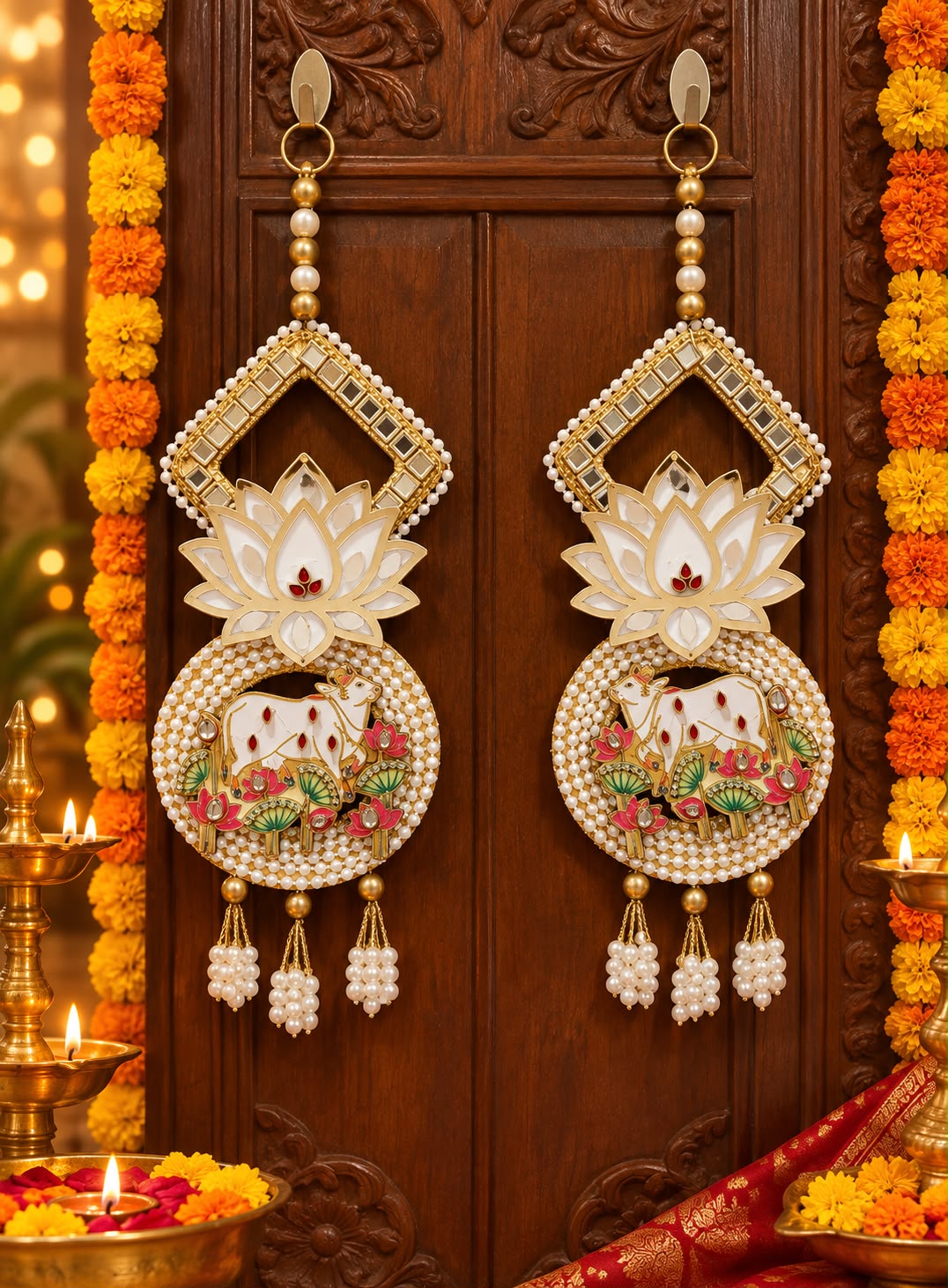 Lotus Pichwai design handcrafted hanging pair 12 inch for Diwali and festive wall decoration