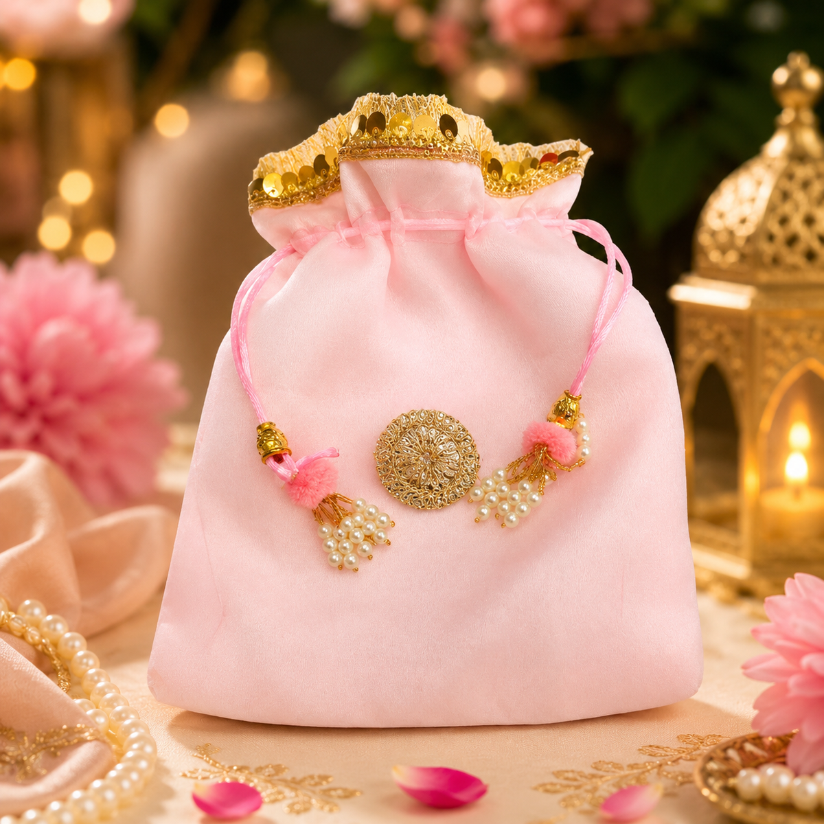 Luxury designer potli bag with intricate gold detailing