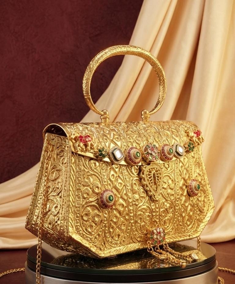 Luxury gold-look bridal clutch with ornate top handle, long chain sling, detailed heritage motifs and colourful embellishments for weddings and festive occasions.