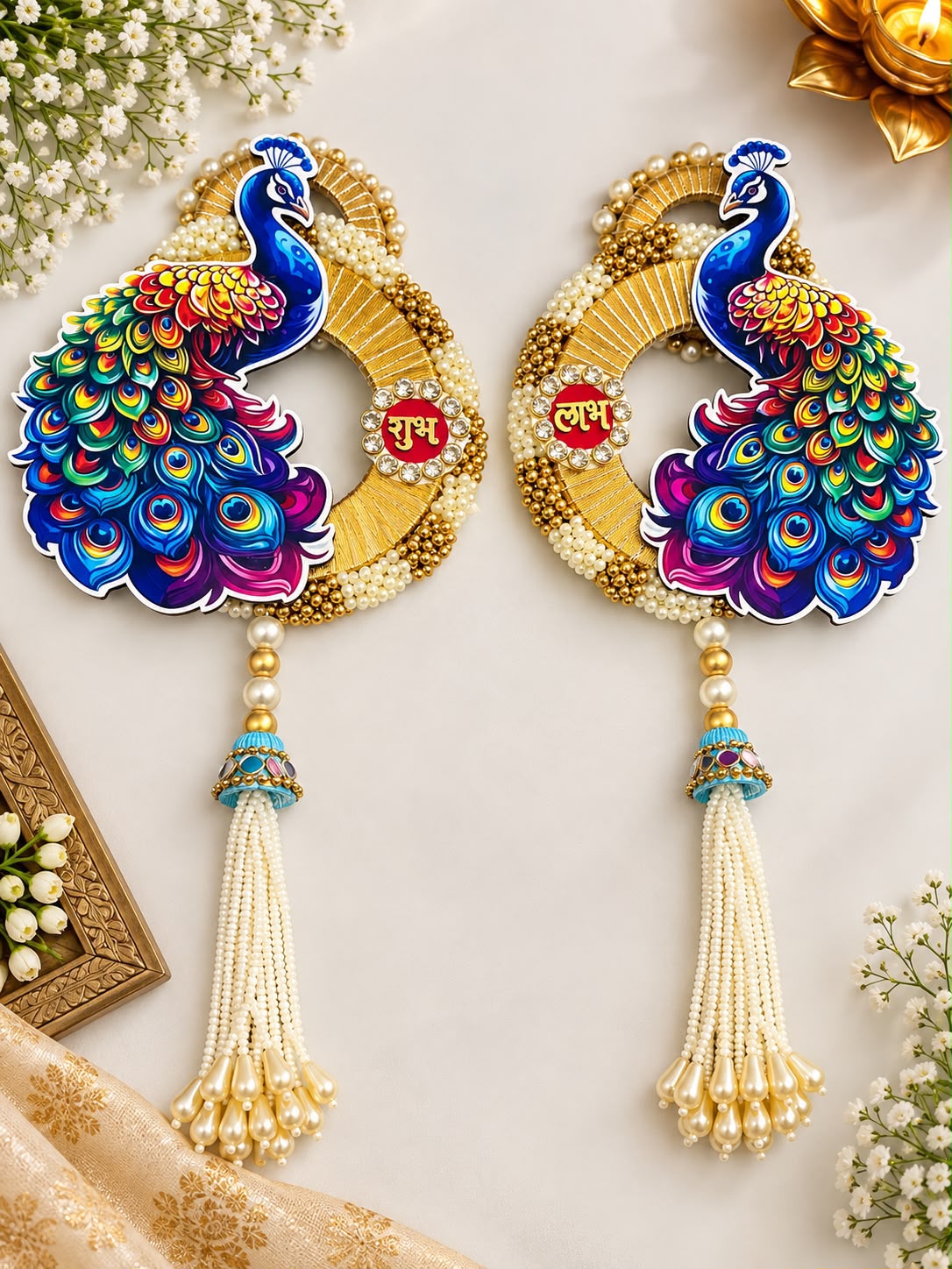 Peacock designer Shubh Labh elegant hanging pair for Diwali and festive home decoration
