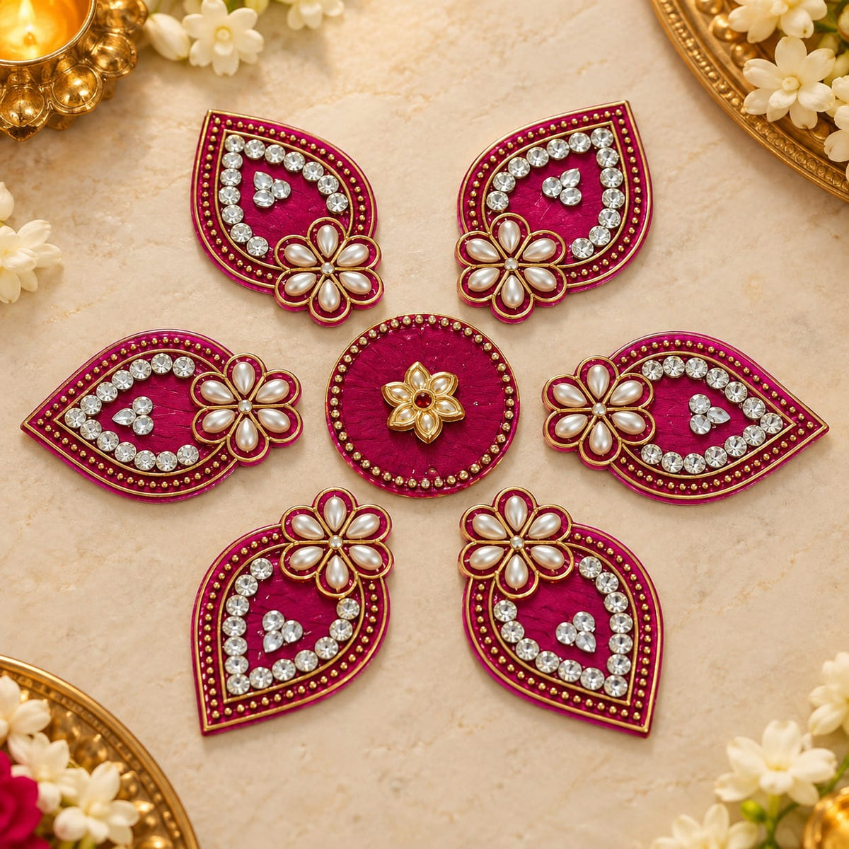 Pink pearl and diamond petal design Rangoli set for festive decoration