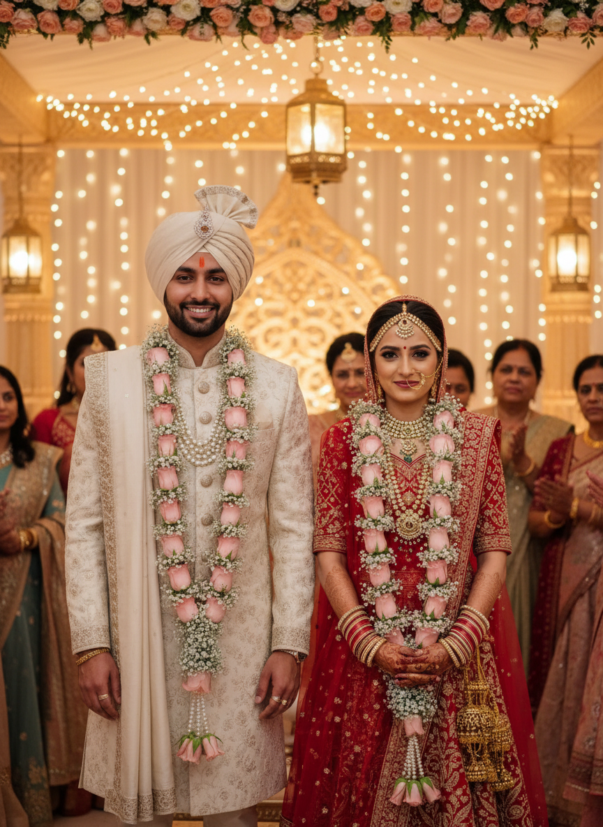 Full-length pink rose varamala with baby’s breath and pearl tassel for jaimala, maalai exchange and Indian wedding rituals
