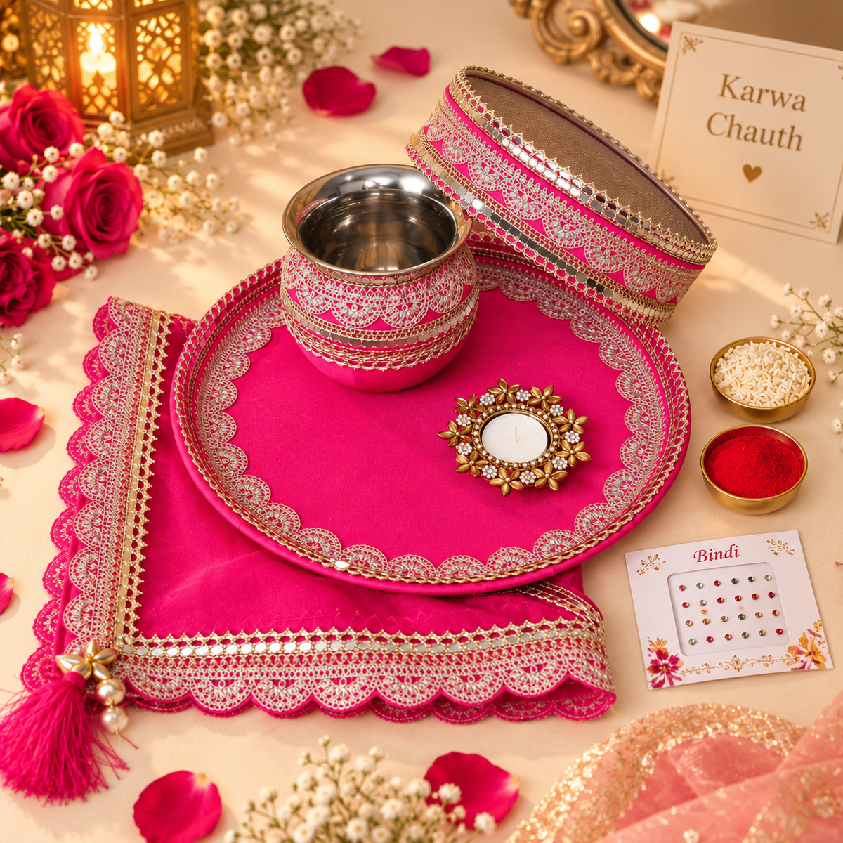 Beautiful pink traditional Karwa Chauth pooja thali set with channi diya and decorated bindi