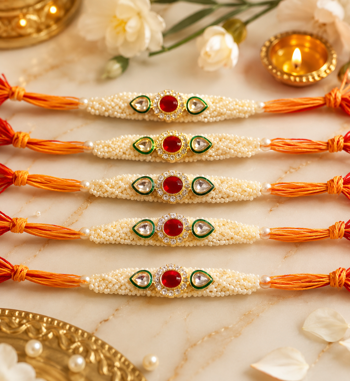 Handmade Kundan Pearl Rakhi for Raksha Bandhan with Elegant Stone Work