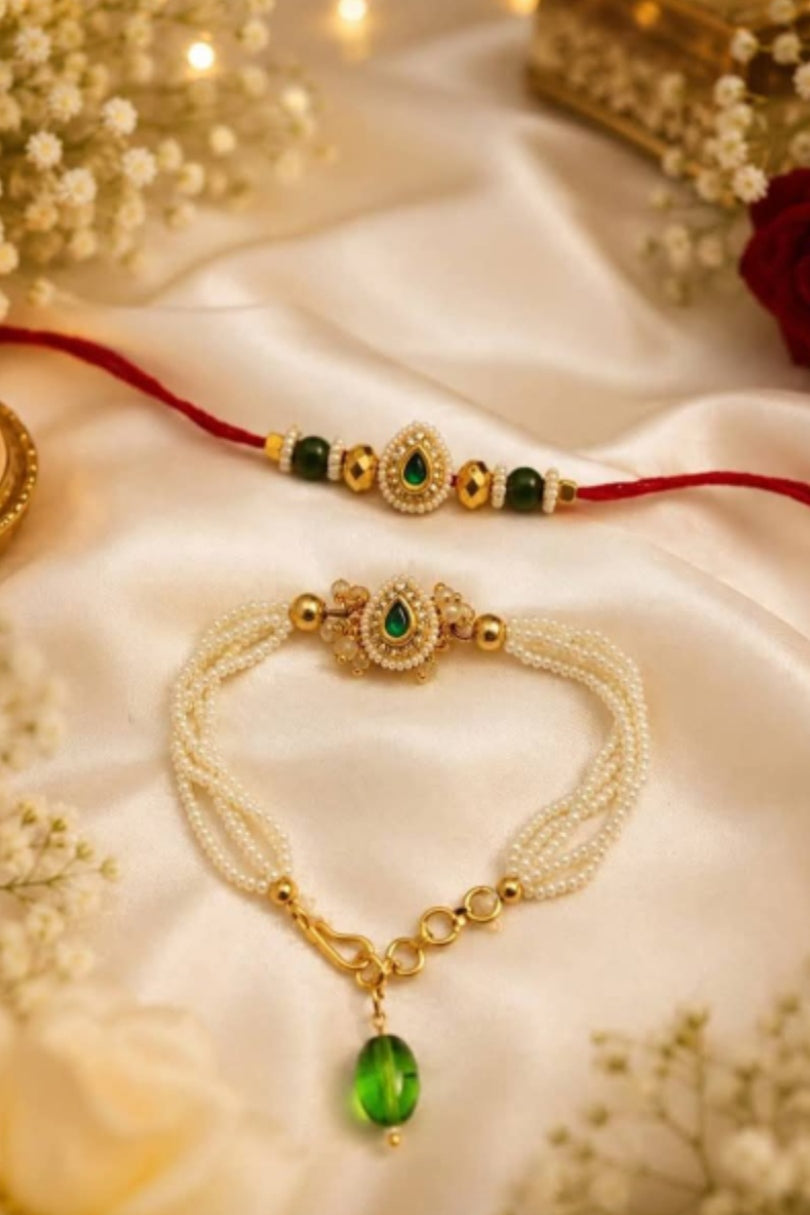 Handmade Emerald Mint Green Kundan Rakhi for Brother with Pearl Lumba Rakhi for Bhabhi