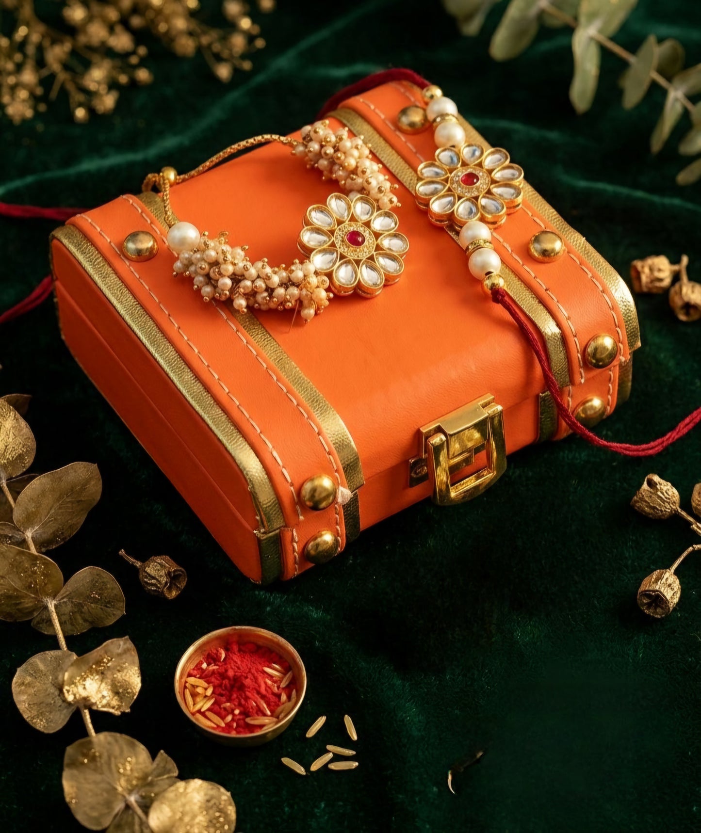 Premium Pearl Cluster Kundan Bhaiya Bhabhi Rakhi Set
