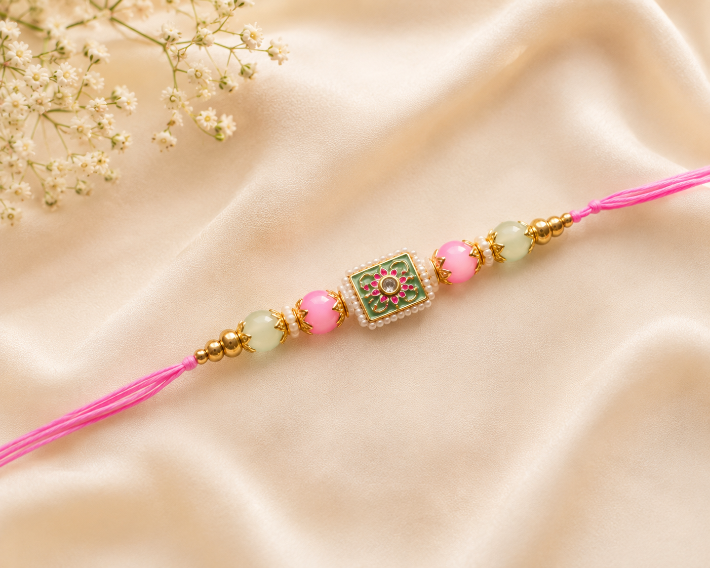 Premium Pink Kundan Pearl Rakhi for Raksha Bandhan