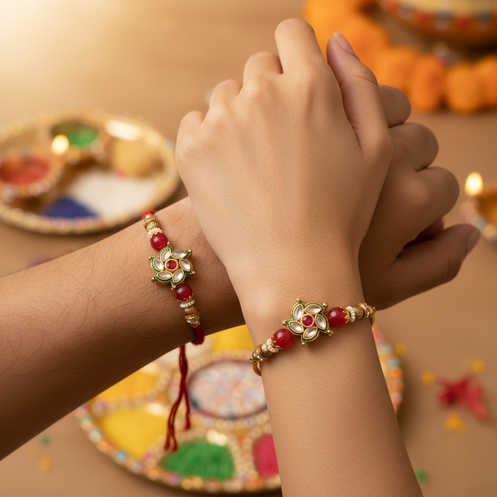 Premium Kundan Work Bhaiya Bhabhi Rakhi Pair with Red and Green Stone Detailing