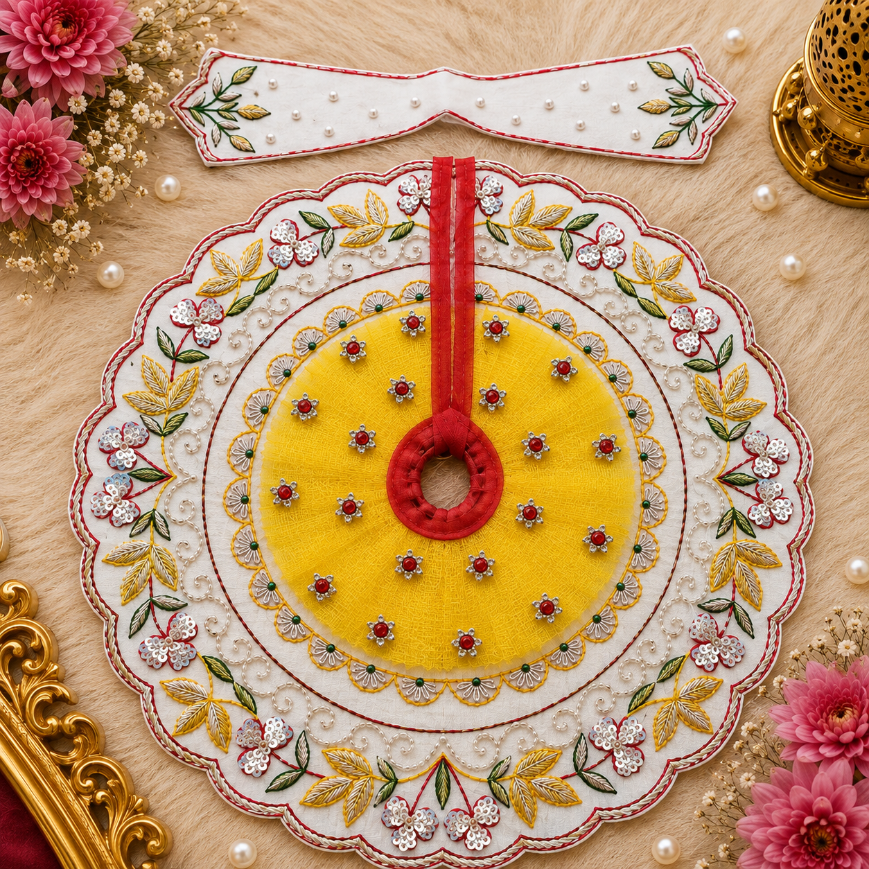 Rajsi Pushpangan Heavy Embroidery Sequence Work Laddu Gopal Poshak with Floral Embroidery