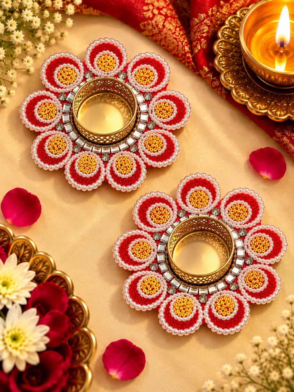 Red and Pearl Floral Diya Holder