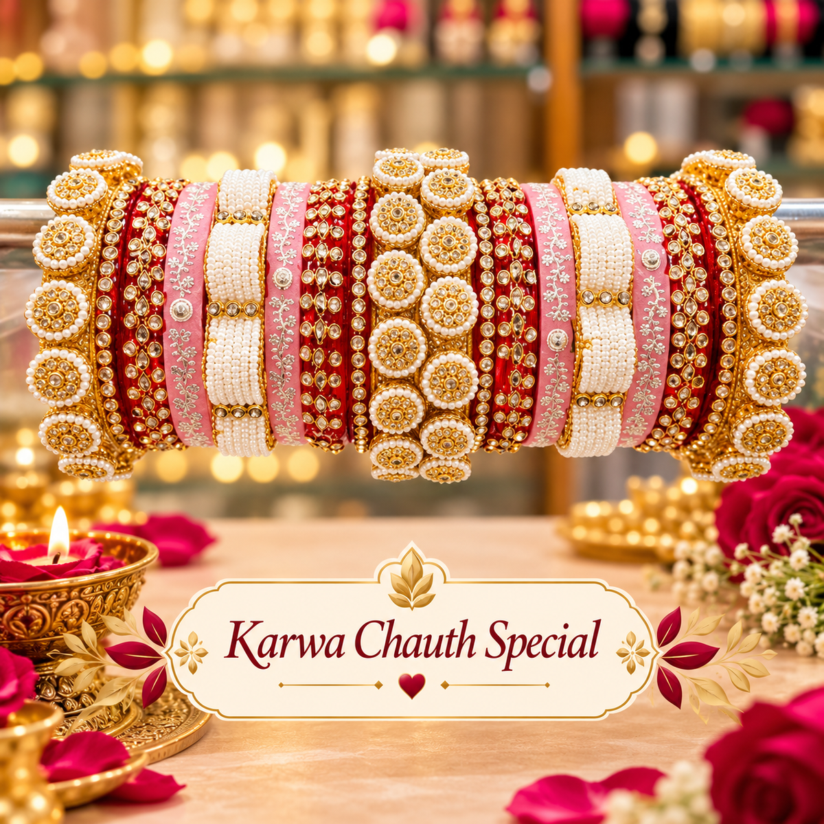 Red and pink Rajputi chooda for Karwa Chauth with gold and pearl-style bridal detailing