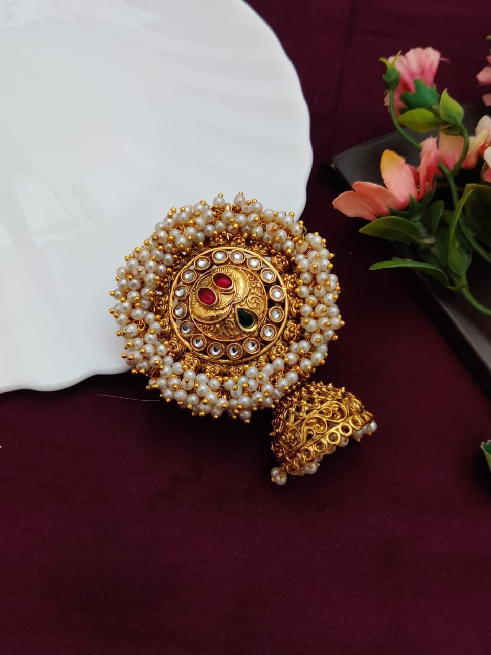 Royal Gold Bridal Hair Brooch with Pearls & Red Stones – Juda Pin for Weddings