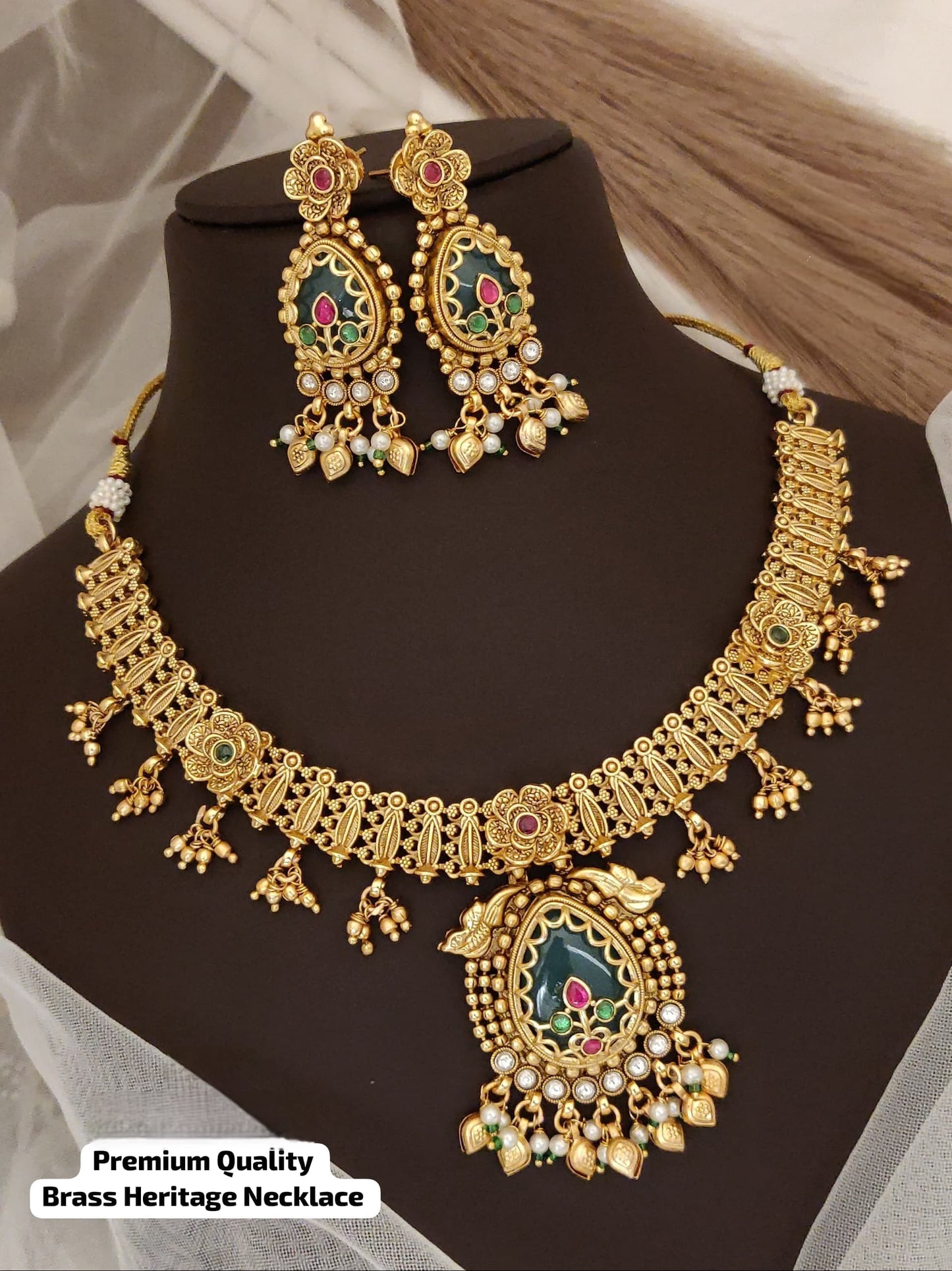 Premium Brass Traditional Necklace Set with Earrings – Bridal & Festive Jewelry