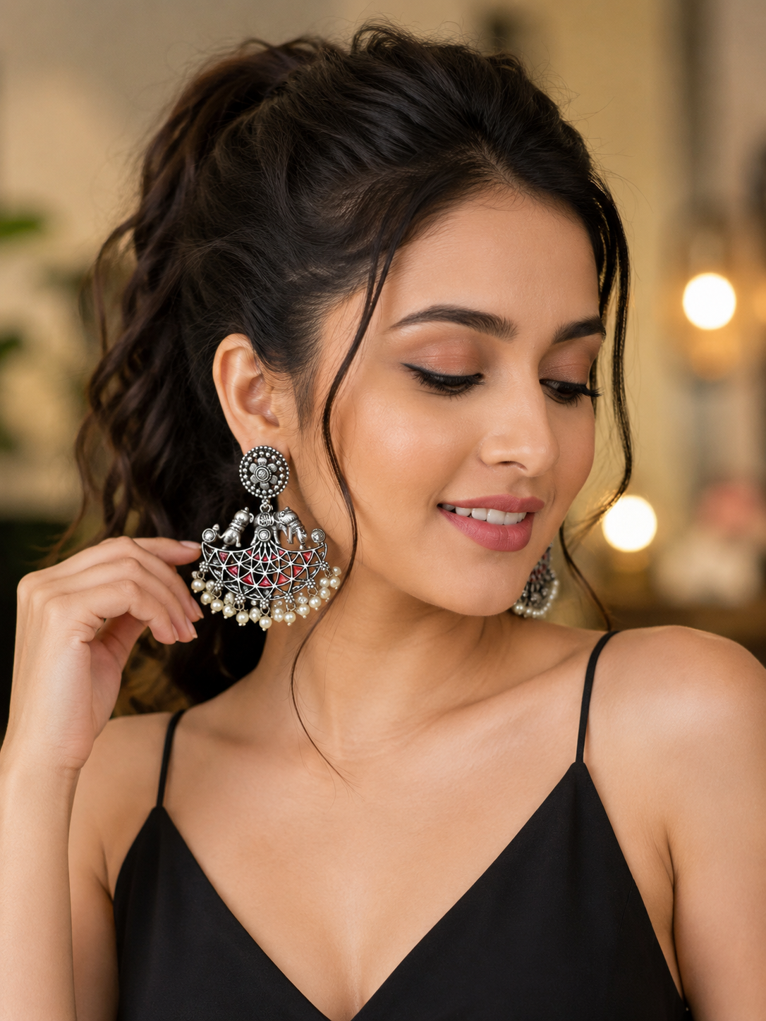 Oxidised Silver Chandbali Earrings with Red Stones – Tribal Ghungroo Statement Jewelry