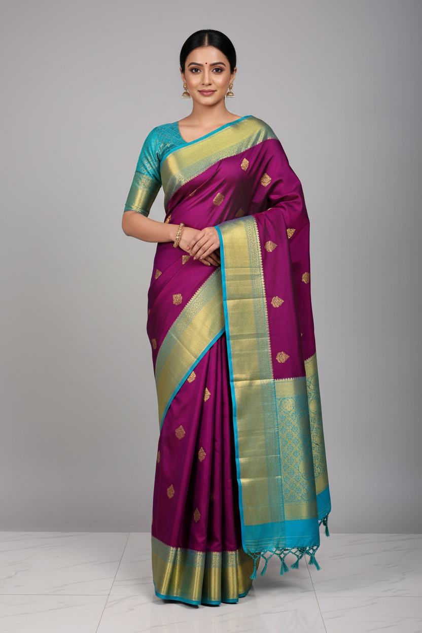 Beautiful colour purple Royal Blue Kanjivaram pure silk saree silk mark certified