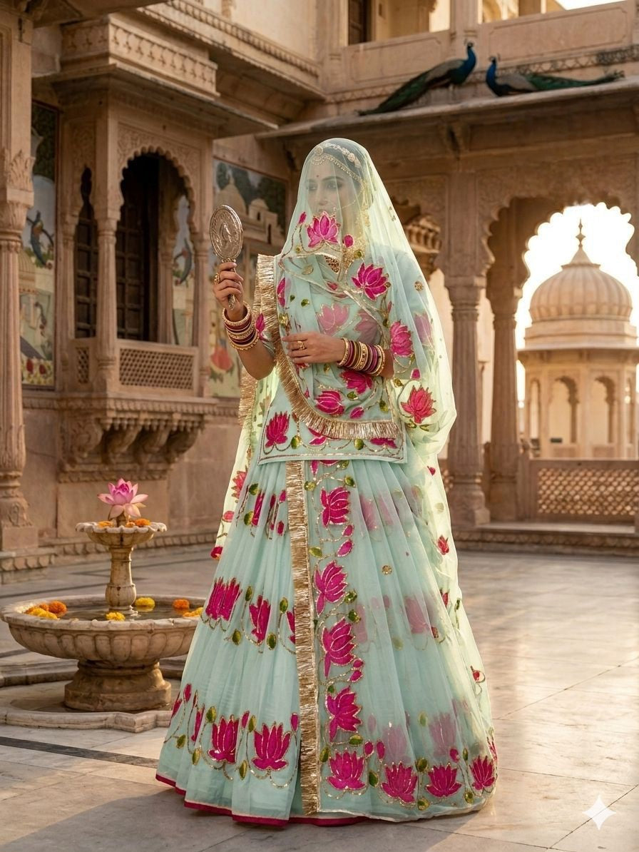 Rajputana Style Lotus Poshak | Natural Silk Handwork Designer Lehenga with Heavy Odhna