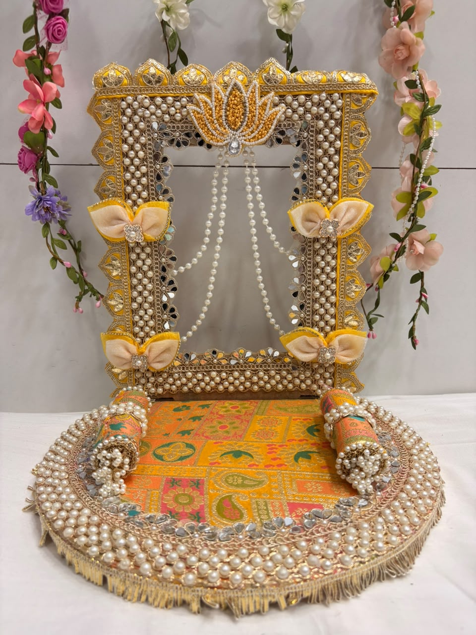 Handcrafted Festival Mandap & Singhasan for Laddu Gopal & Ganpati | Ready Temple Decoration with 2 Cushions & Tilak Stick