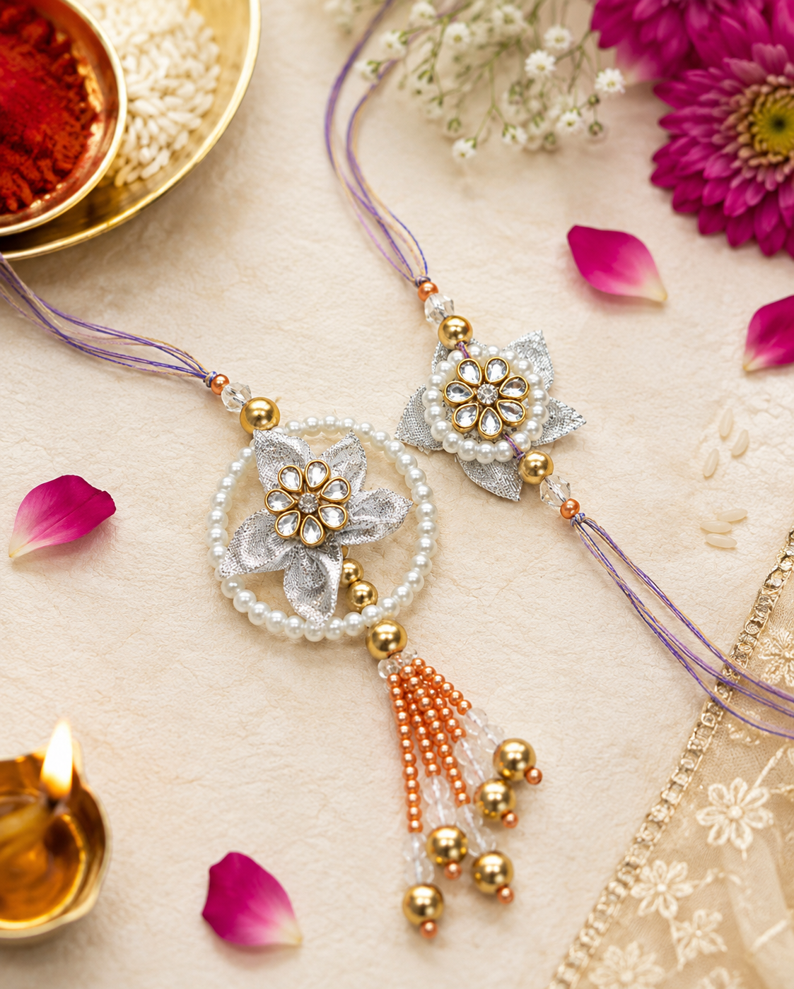 Sliver floral designer pair Rakhi