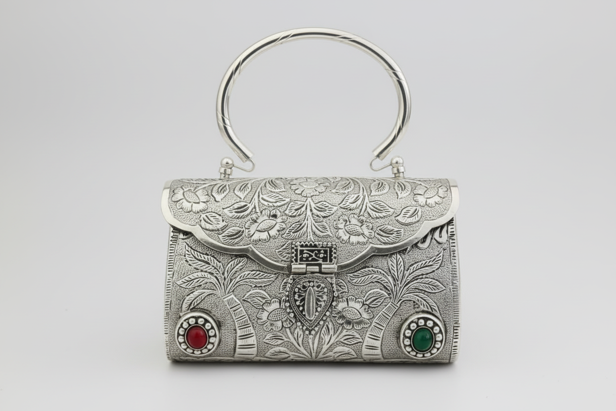 Floral Carved Heritage Brass Clutch with Gem Accents