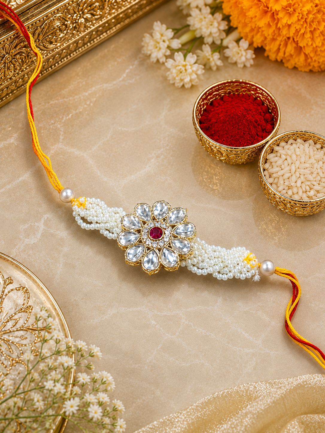Royal Petal Kundan Luxury Floral Metal Rakhi with Premium Pearl Beads and Roli Chawal