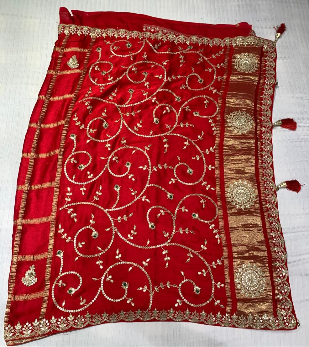 Bridal Pure Ghatchola Silk Saree – Calcutta elegant Hand Embroidery in Red Pink