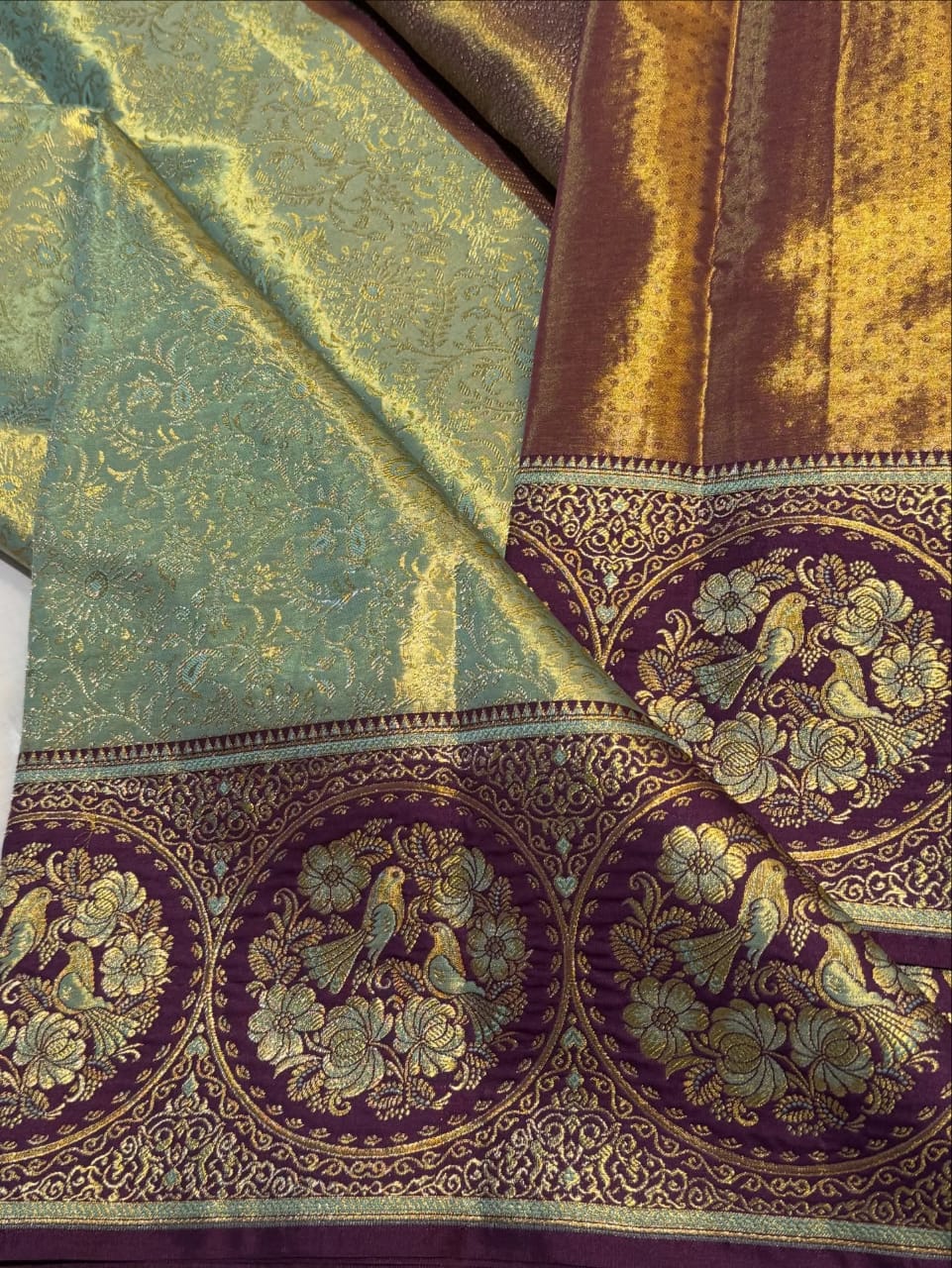 Mint & Wine Pure Kanjivaram Silk Saree – Elegant Handwork | Silk Mark Certified