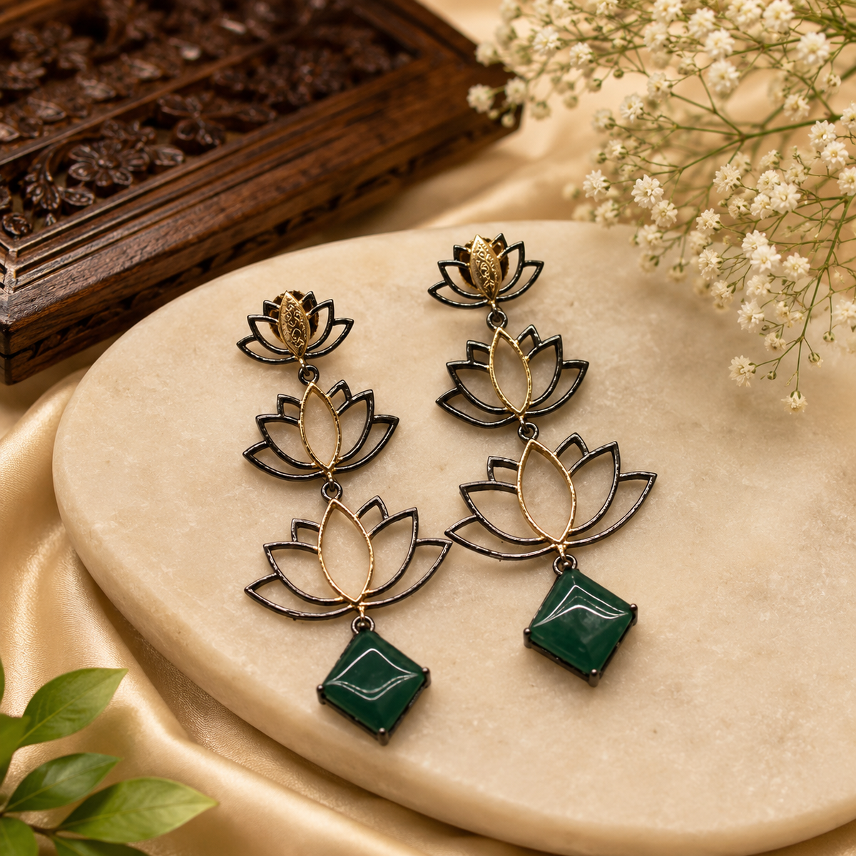 Lotus Design Statement Earrings with Green Stone – Elegant Indo-Western Festive Jewelry