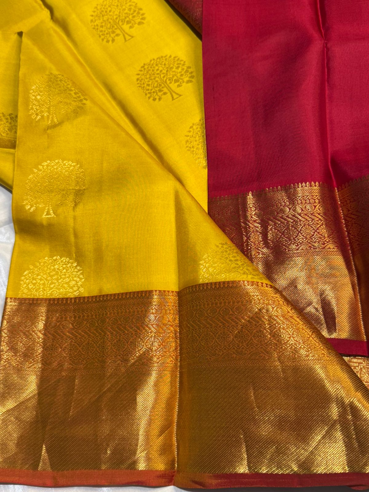 Yellow Red Pure Kanchipuram Silk Saree with Golden Tree Design – Silk Mark Certified