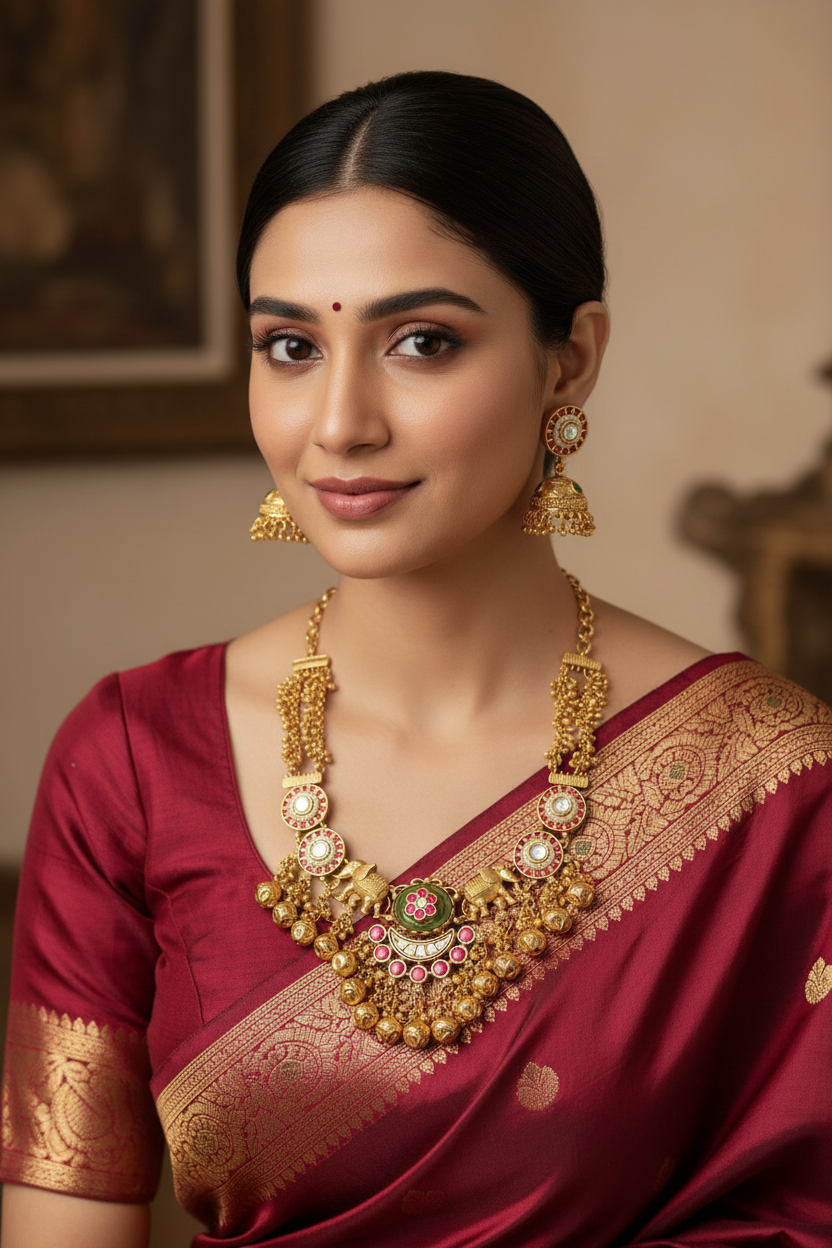 Elegant Partywear Gold Necklace Set with Designer Jhumka Earrings