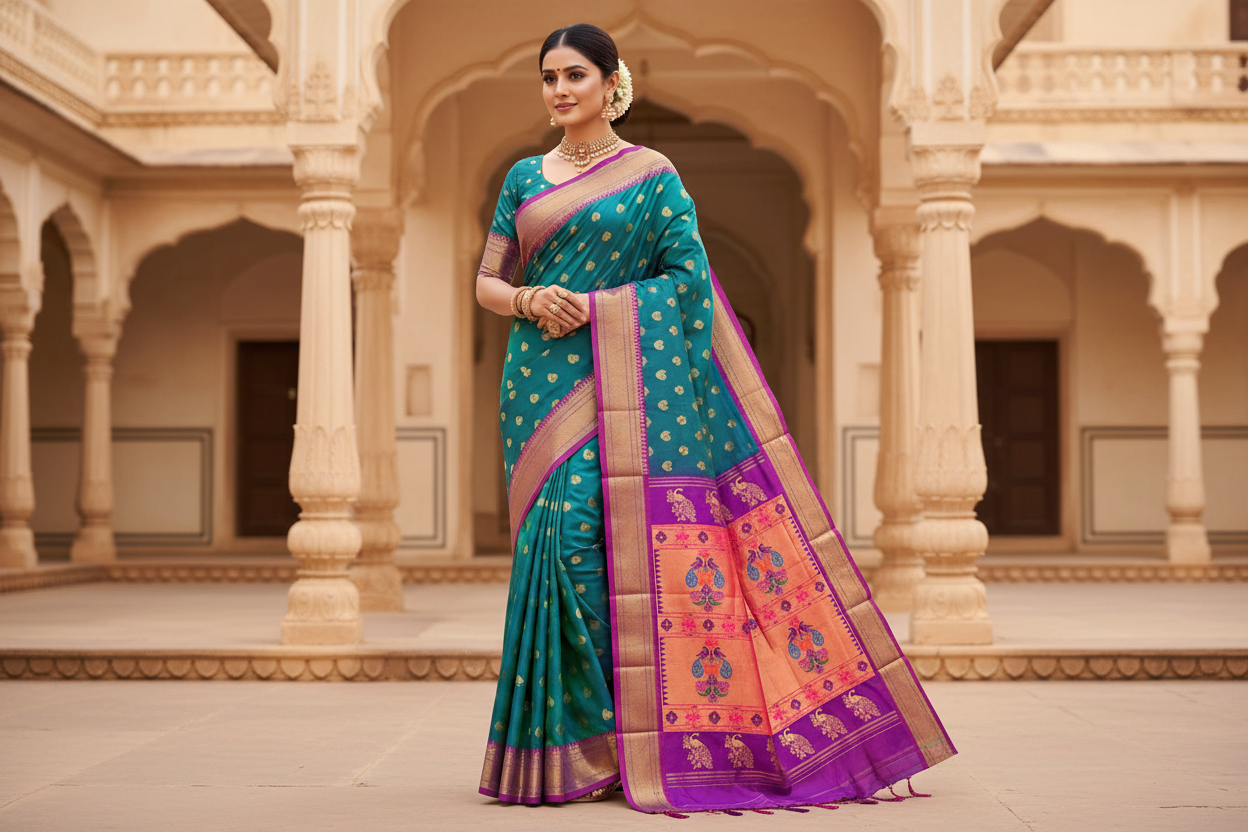 Pure Silk Paithani Saree with Maharani Pallu & Meenakari Buti – Kalanjali Collection