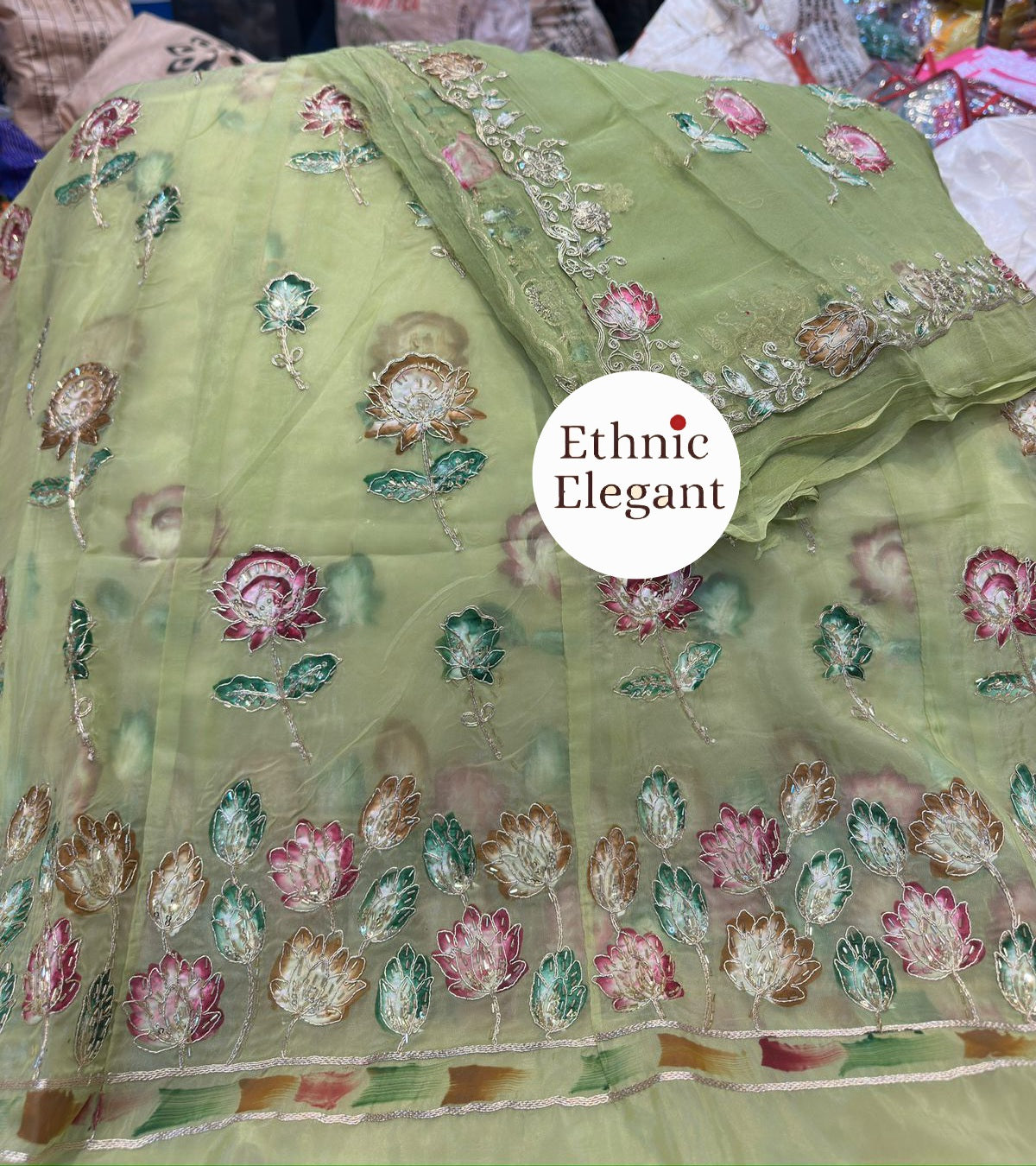 Tissue silk fabric thakurji pure odhna beautiful Peacock hand painting taara work elegant poshak