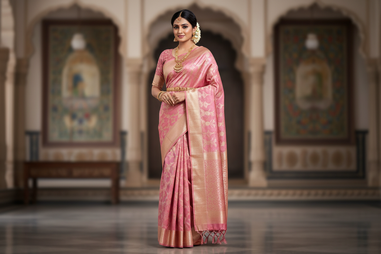 Pure Kanchipuram Silk Saree – Silk Mark Certified Pink Zari Woven Beauty