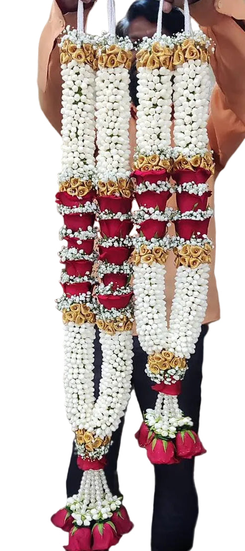 Fresh Elegant Mogra & Rose Varmala Pair | Bridal Wedding Jaimala for Bride & Groom