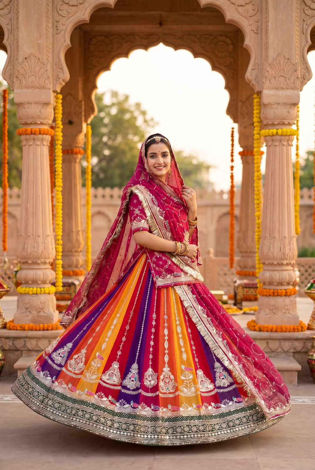 Rajsi Rang Leheriya Rajputi Poshak | 4 MTR Gher Designer Lehanga with Royal Odhani