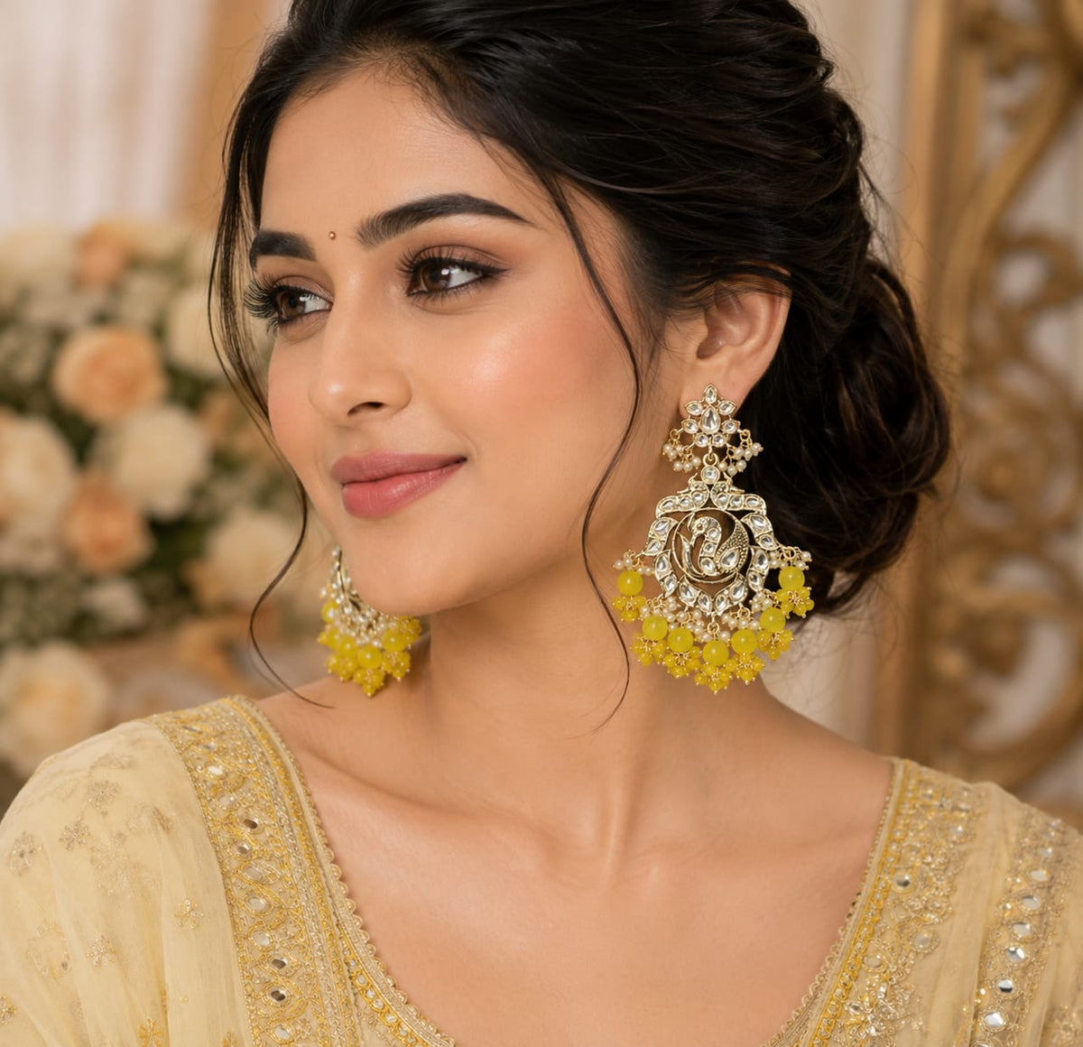 Yellow Bead Kundan Chandbali Earrings – Haldi Festive Statement Ethnic Jewelry