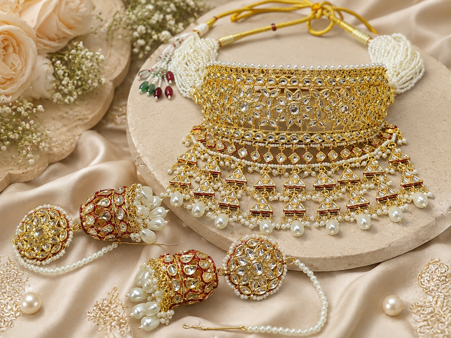 Heavy Kundan Choker Necklace Set with Pearl Jhumka Earrings – Rajwadi Bridal Jewelry