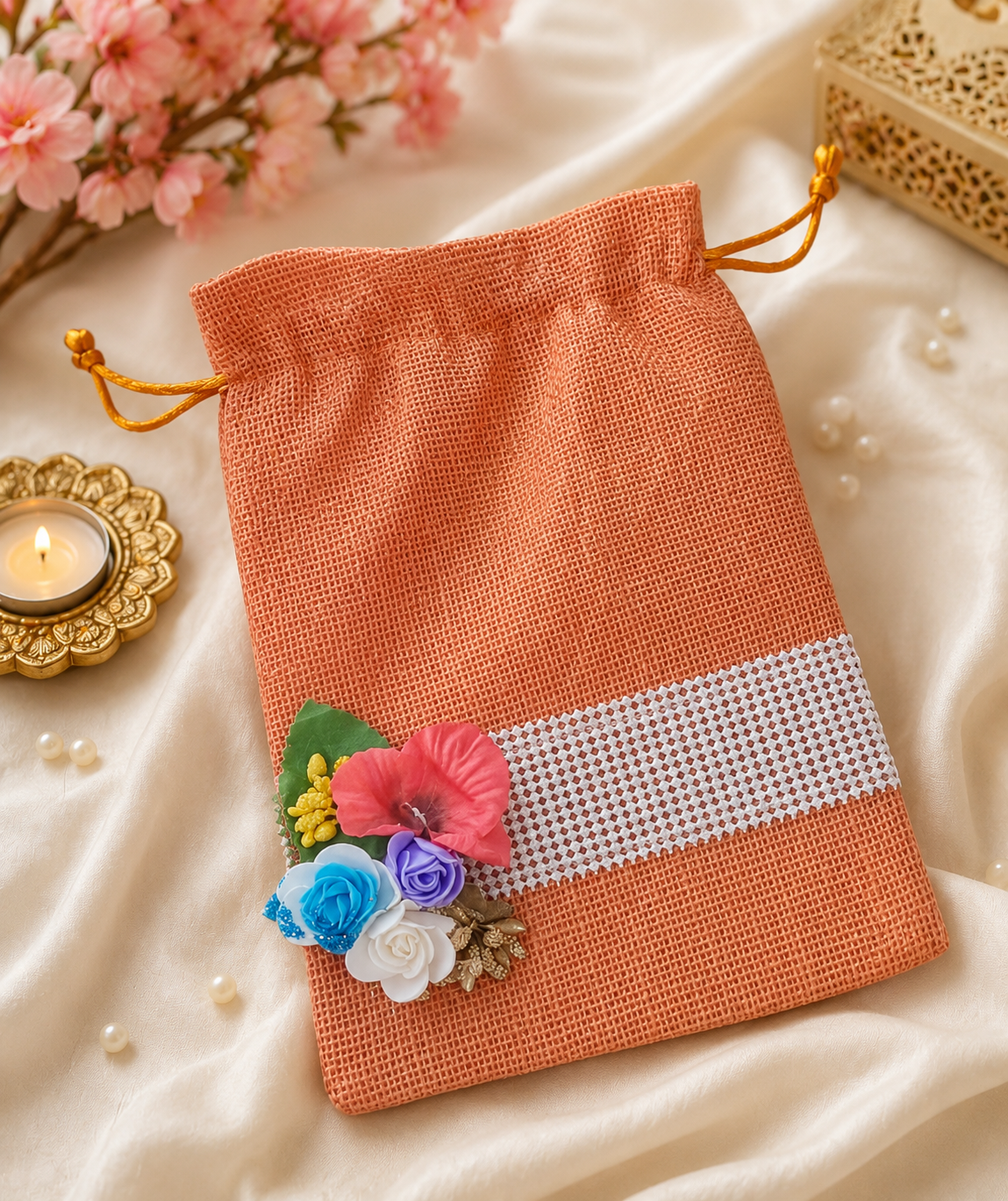 Floral Design Jute Potli Bag (6.5x9 inch) – Return Gift Bag for pooja Diwali, Wedding & Dry Fruits (500g)