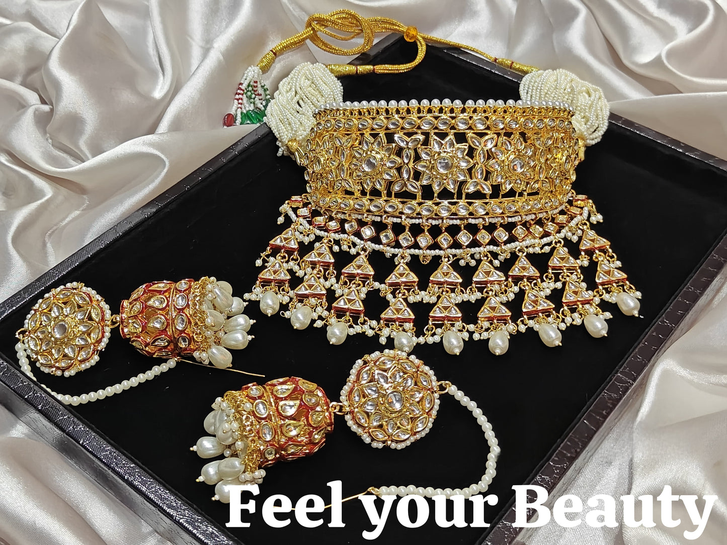 Heavy Kundan Choker Necklace Set with Pearl Jhumka Earrings – Rajwadi Bridal Jewelry