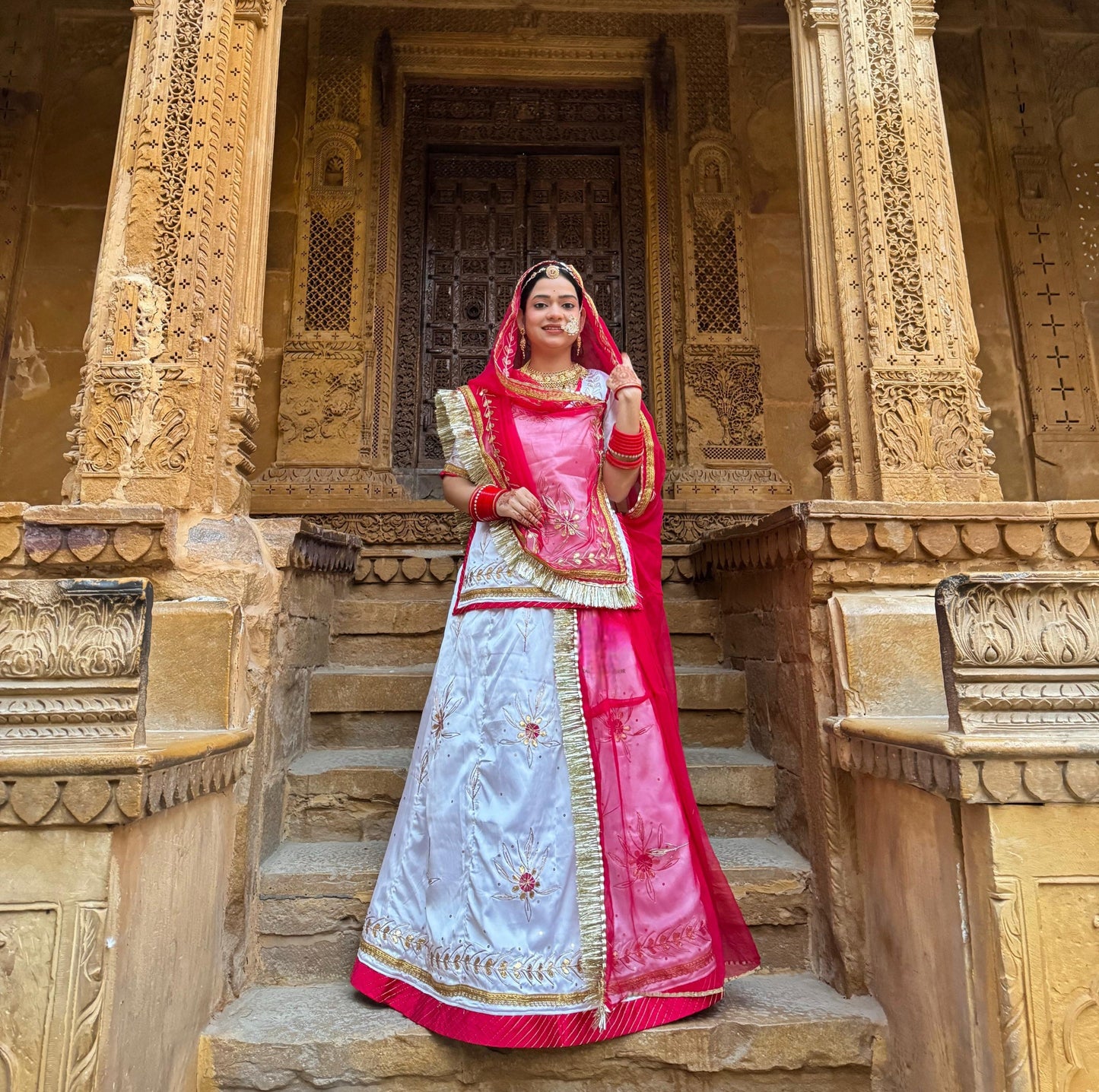 Royal Rajwadi Satin Silk Poshak – Pure Contrast Odhani with Gota Patti & Dori Work