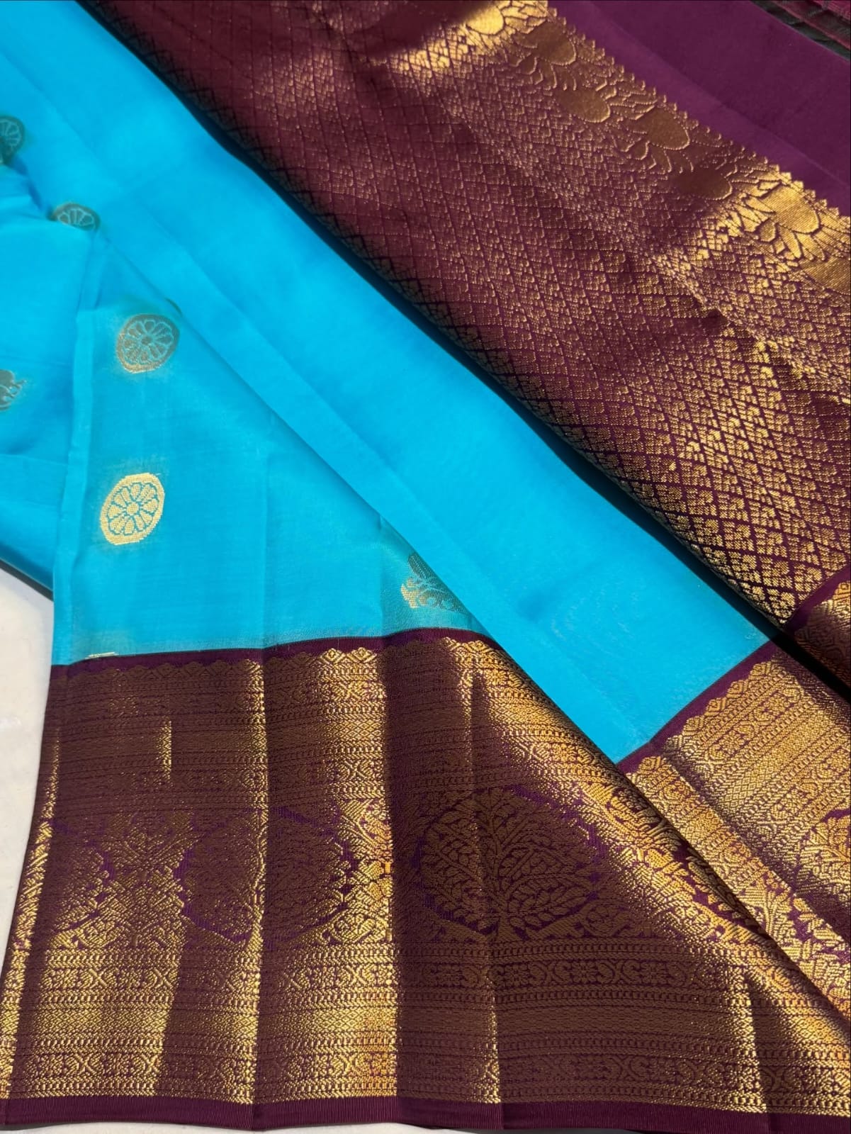 Gorgeous Blue & Wine Kanjivaram Pure Silk Saree with Peacock & Butta Work – Silk Mark Certified