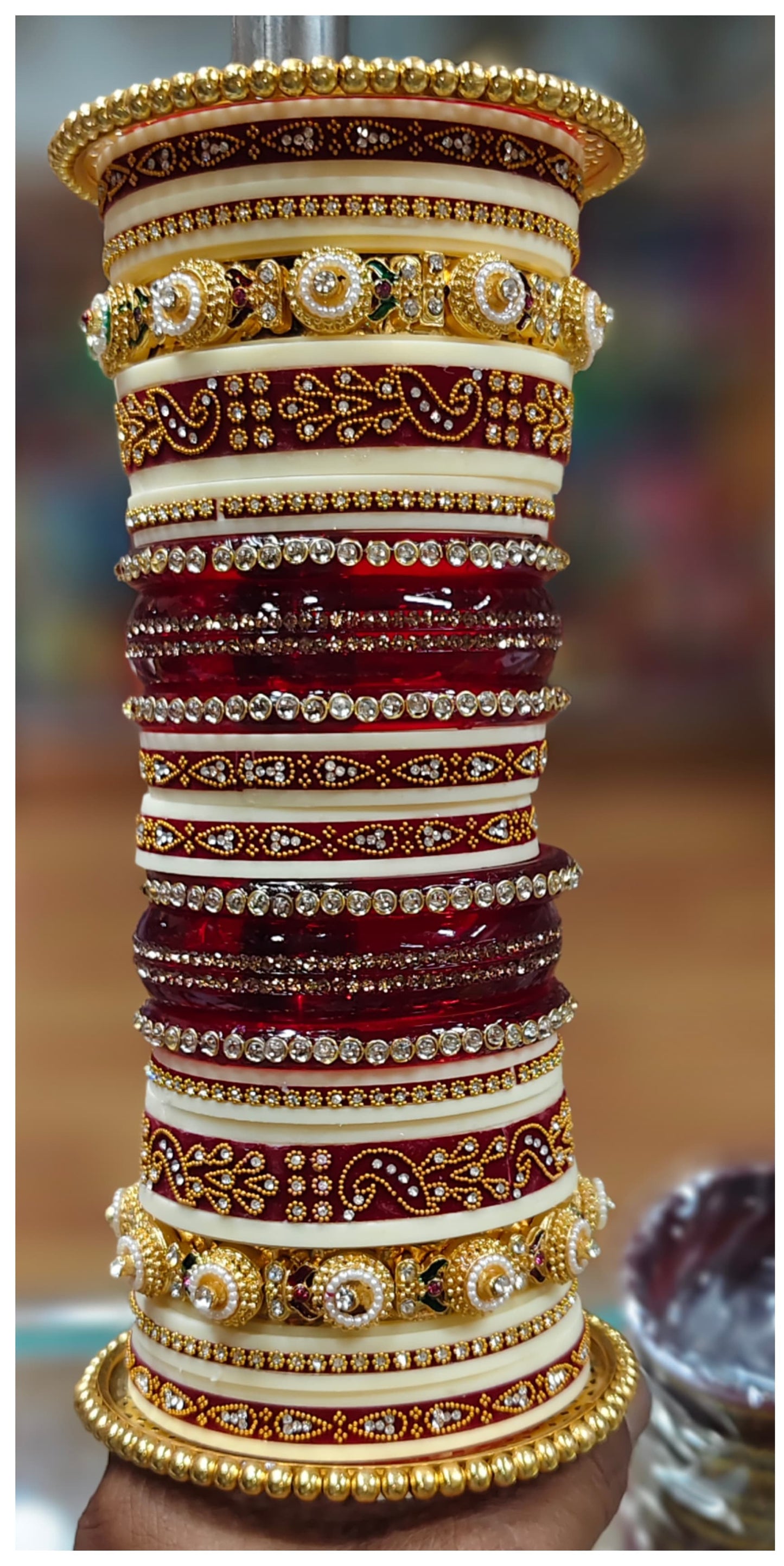 Luxury Rajwadi Chooda Set – Red & Cream Bridal Wedding Chura with Gold Detailing