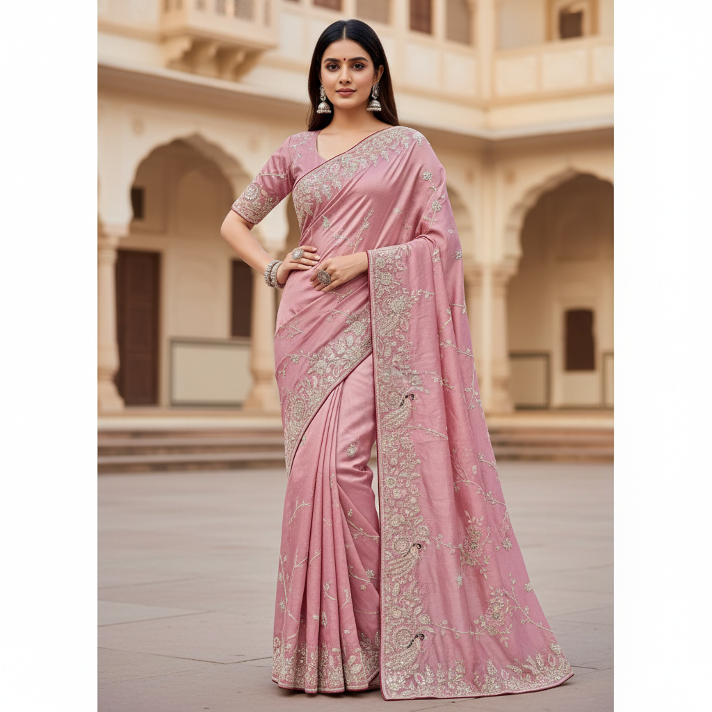Baby Pink Pure Silk Saree with Heavy Zardozi Handwork – Designer Boutique Saree