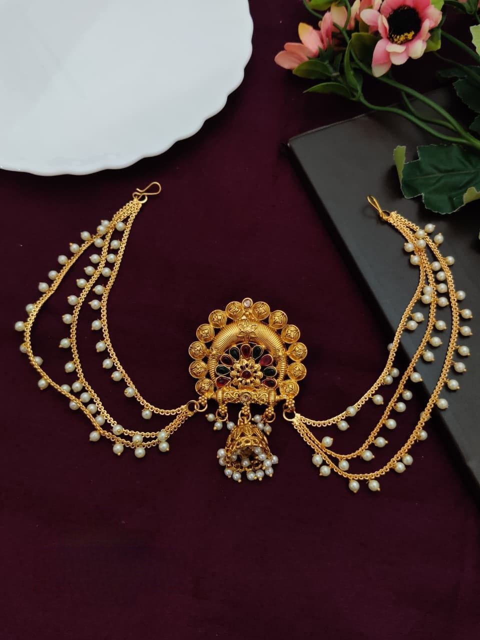 Antique Gold Hair Brooch with Chain – Bridal Juda Pin 3 Layer Hair Accessory for Wedding & Festive Wear